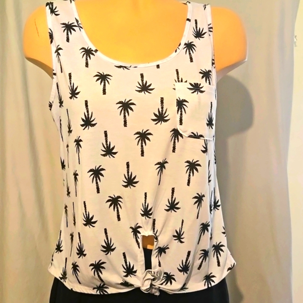 Rebellious One Palm Trees tie front tank top